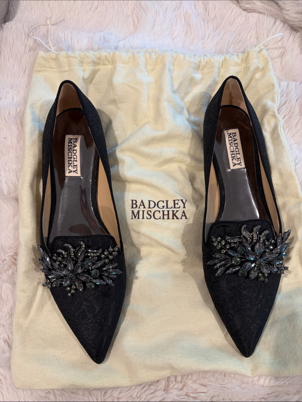 Badgley Mischka Black Pointed Embellished Slip-On Flats